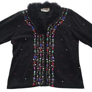Black Cardigan Sweater Jack B Quick Vintage Feather Boa Collar Trim Beaded Sz M